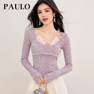 PAULO 紫色假两件挂脖针织衫 SRAVE 拉夫保罗修身 上衣 女打底衫 长袖
