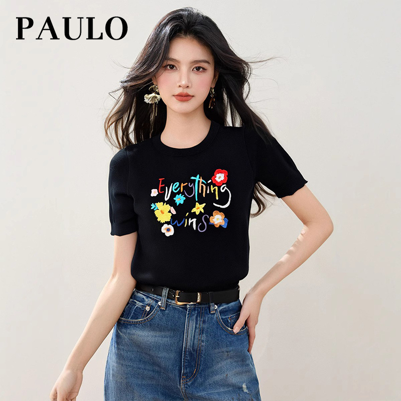 SRAVE PAULO 拉夫保罗针织衫夏2025正肩爆款修身短款圆领上衣女装