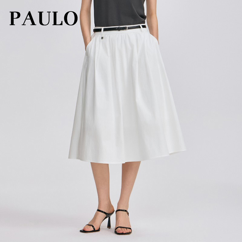 SRAVE PAULO 拉夫保罗女高腰半身裙春夏季气质显瘦腰带白色中长裙