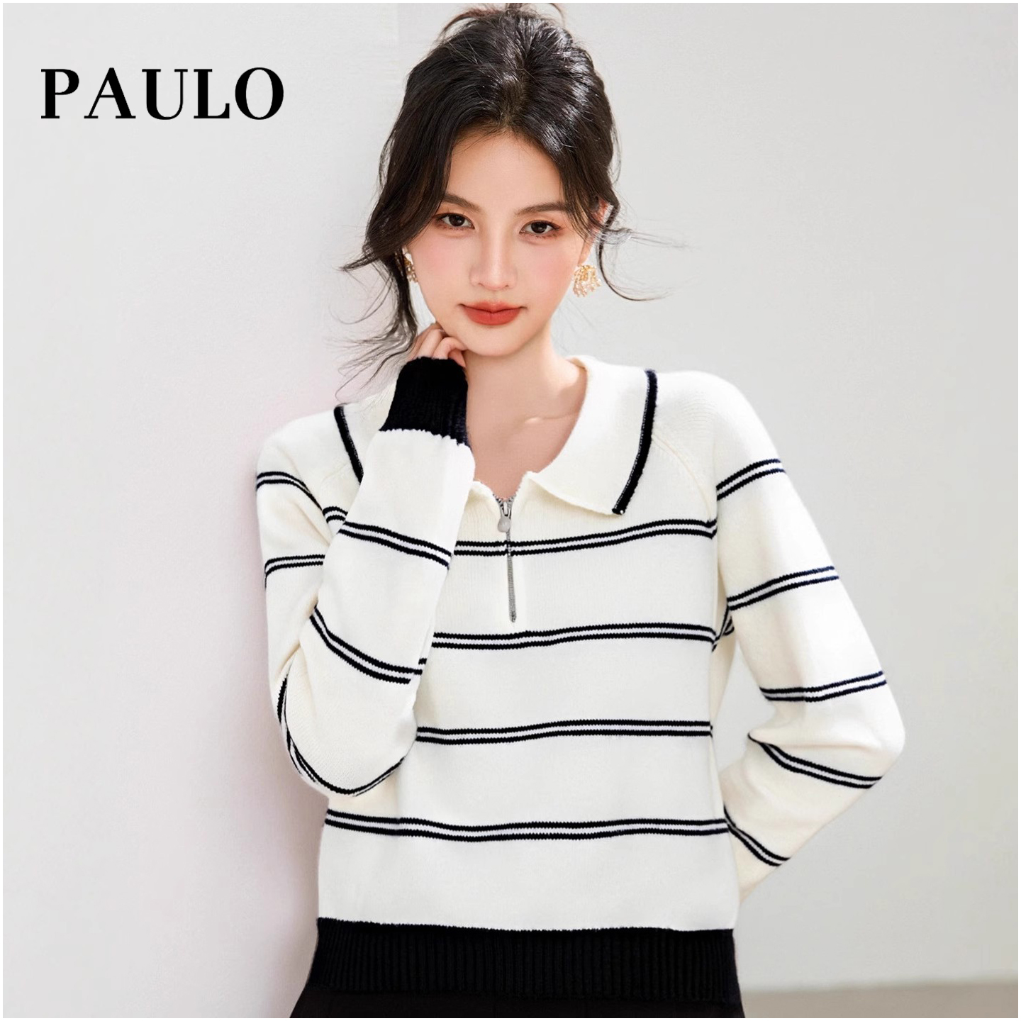 SRAVE PAULO 拉夫保罗条纹休闲上衣女针织套头衫秋冬新款内搭毛衣