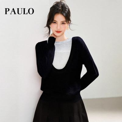 SRAVE PAULO拉夫保罗拼接假两件休闲针织毛衣女套头秋冬内搭女装