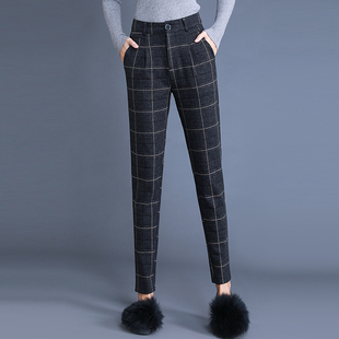 毛呢萝卜裤女秋冬格子哈伦裤2017新款九分休