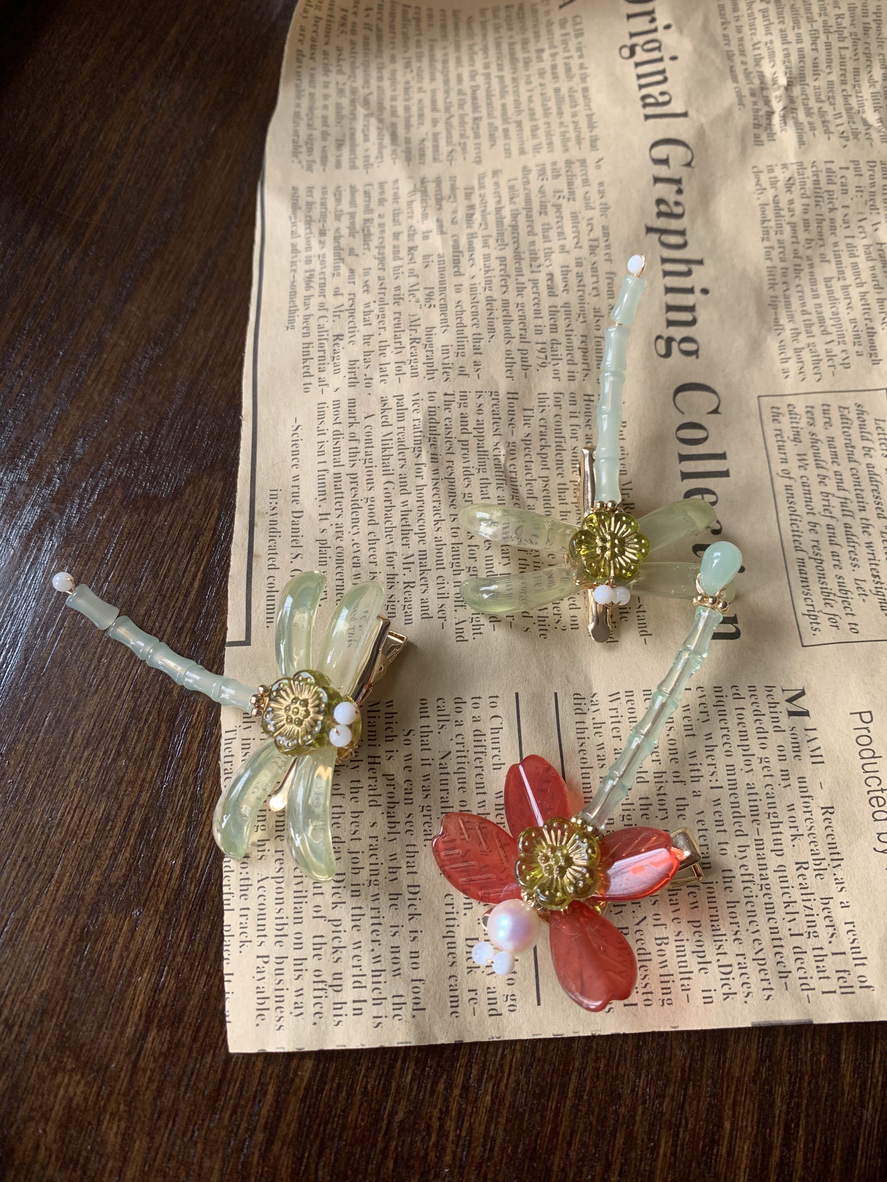 「应歌蜻蜓」发夹琉璃花瓣竹节蜻蜓古风汉服配饰红色系意古斋原创