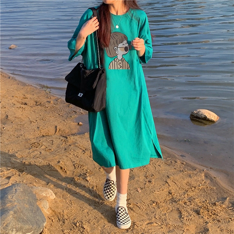 纯棉夏季新款韩版宽松字母印花开叉短袖中长款连衣裙女