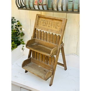 包邮孤品 实木做旧麻片印字两层桌面小花架 可折叠 收纳架 展标架