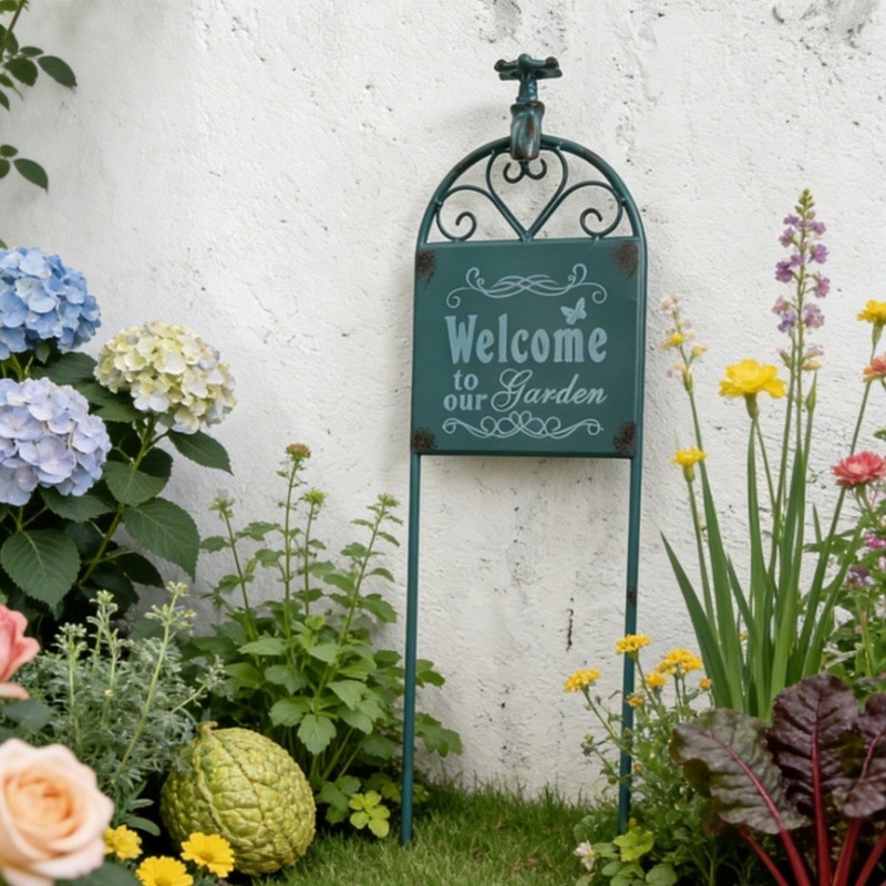 包邮法式复古铁艺水龙头欢迎插牌地插花园庭院装饰WELCOME爬藤架