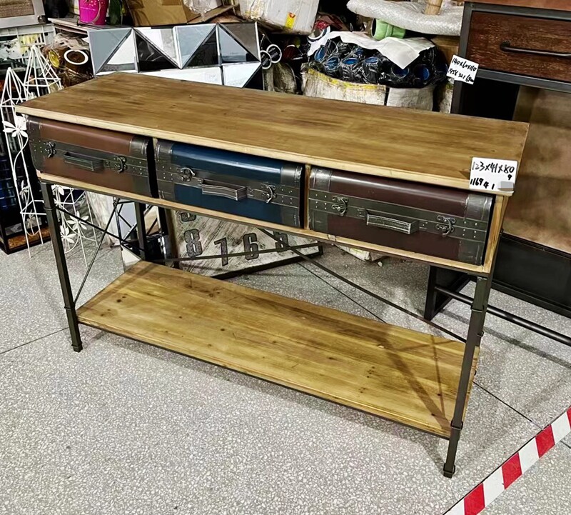 包邮促销 外贸原单 美式乡村风格做旧实木铁艺书盒式三抽长桌边桌