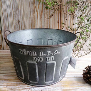 包邮 复古做旧DESIR套二圆形双耳铁皮桶 促销 乡村风格 有底孔 美式