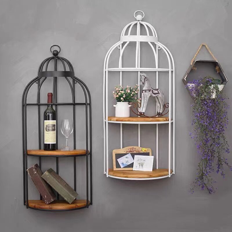 包邮促销美式乡村风格复古做旧铁艺实木两层鸟笼收纳架玄关置物架