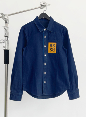 【现货】RAF SIMONS 16AW橙标皮牌撞色织带藏青牛仔衬衫夹克外套