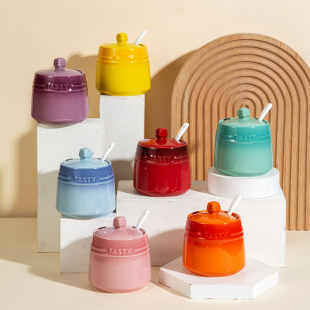 彩虹厨房调味罐套装收纳盒家用调料瓶陶瓷盐味精胡椒粉香料盒带勺