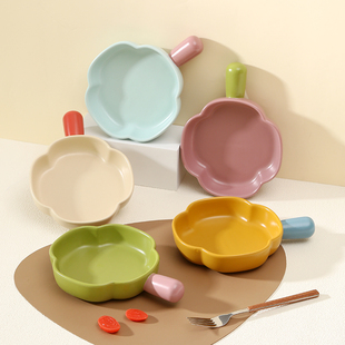 撞色高颜值可爱陶瓷手柄烤盘烘培碗家用网红款水果盘焗烤碗早餐盘