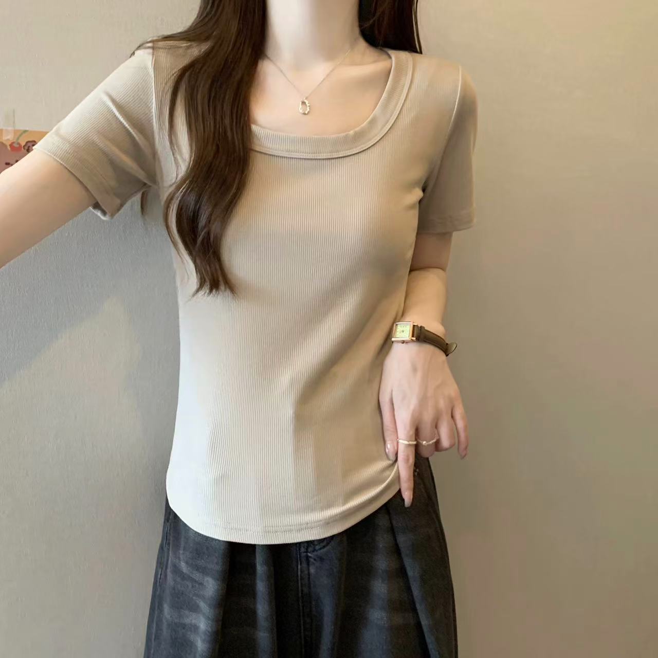 巨显瘦方领螺纹棉短袖
