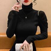 黑色高领肩膀链条毛衣