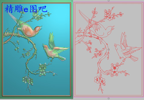 檀雕梅花双鸟精雕图床高低拼中背板灰度浮雕花鸟门板273x371富贵