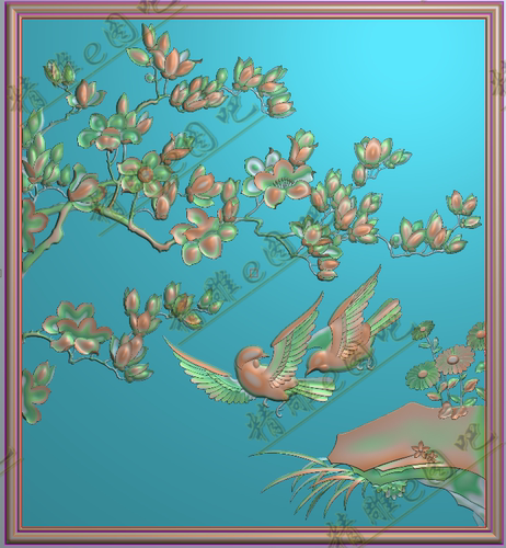 精雕图灰度图浮雕图茶花海棠花玉兰花鸟背板门板后板405x442没线