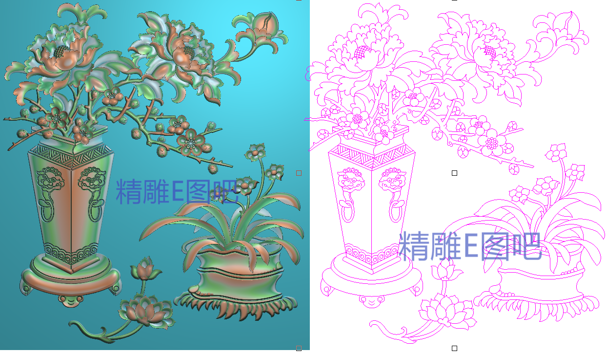 精雕图牡丹梅花花瓶博古架书柜门板浮雕图兰花花盆靠背板197x224