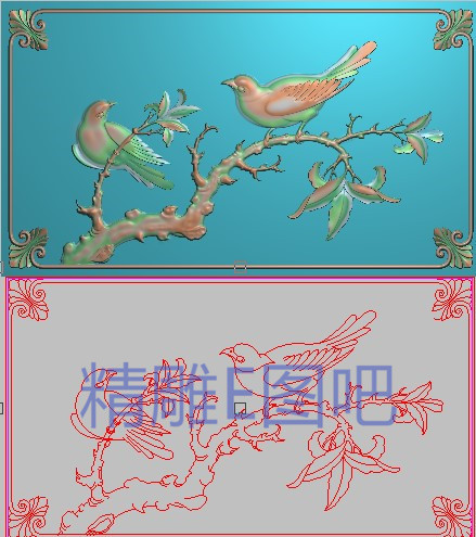 高清设计素材精雕图灰度图浮雕图檀雕花鸟沙发椅背板门板397x222