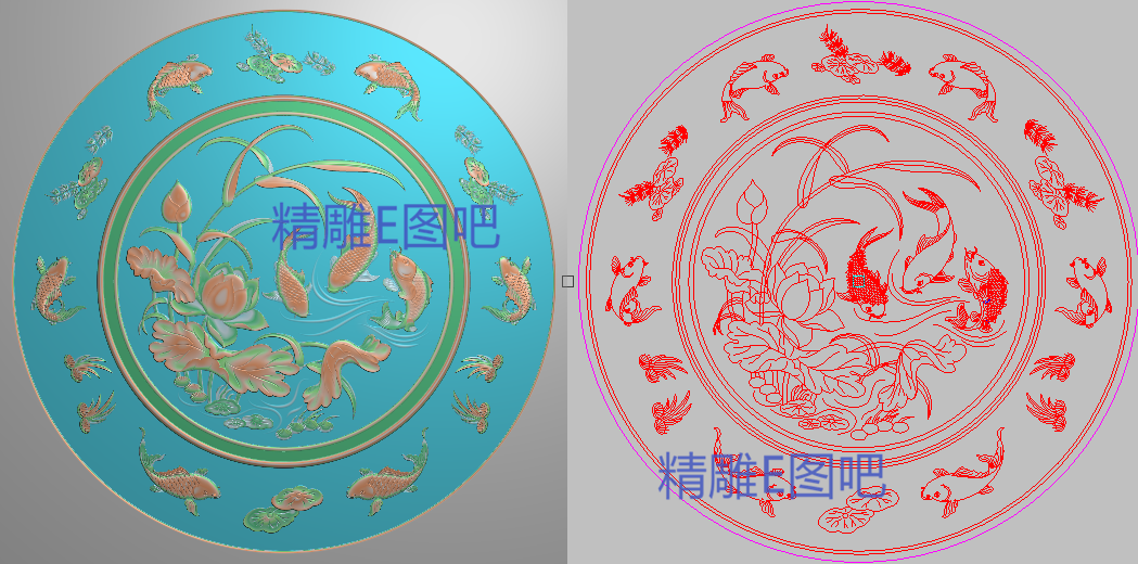 荷花鱼精雕图灰度图浮雕精品九9鱼荷花莲花圆台转盘面板1014x1014图片