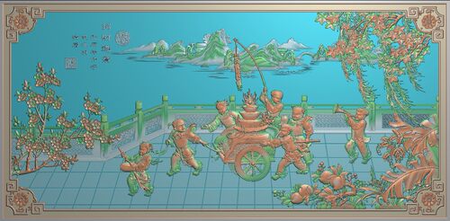浮雕图精雕图人物招财进宝童子图797x389