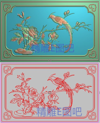 新款牡丹凤凰精雕图灰度浮雕图雕刻素材月季玫瑰花鸟背板335x202