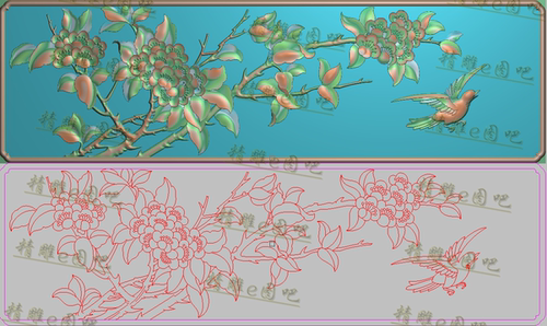精雕图茶花鸟灰度浮雕精品檀雕花鸟抽斗围板横板扶手侧板459x137