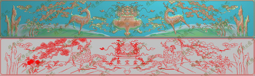 精雕图jdp灰度图bmp浮雕图神台梅花鹿元宝聚宝盆横板2495x384松树
