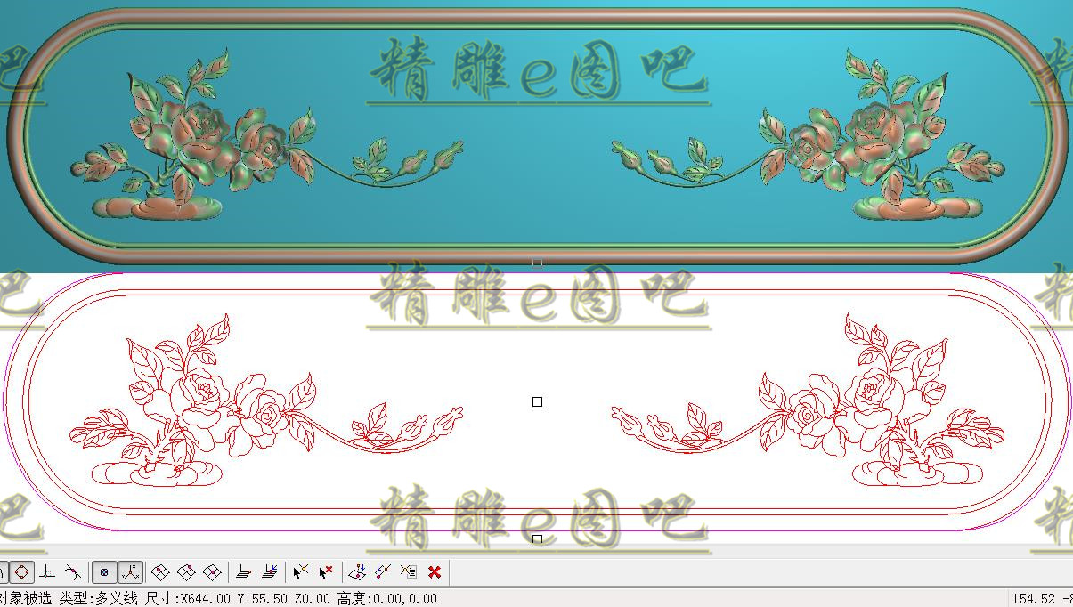 月季精雕图灰度图浮雕图雕刻精品大床背板高拼月季花横板644x155