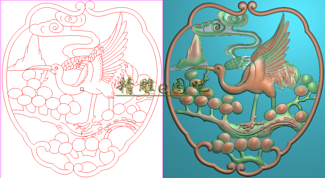 仙鹤精雕图门板灰度图浮雕图电脑雕刻图精品祥云松鹤背板180x198