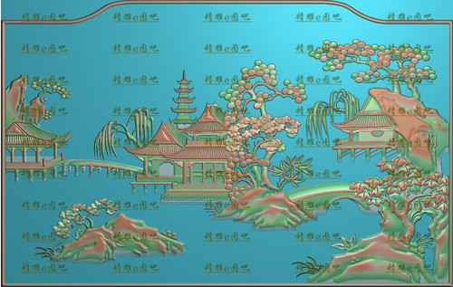 高清设计素材精雕图jdp灰度图bmp精品山水695x441楼阁特价新款