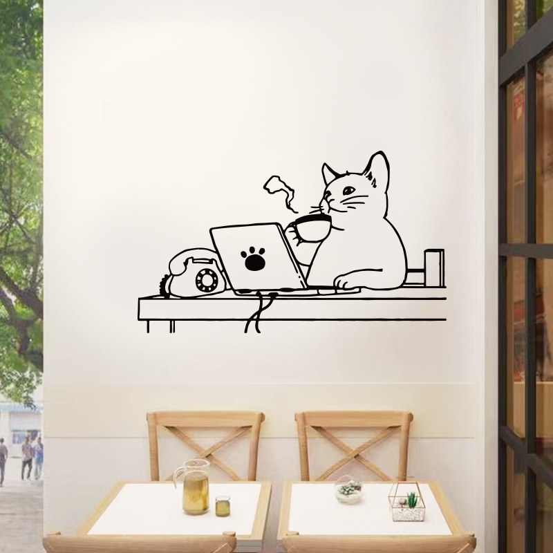 卡通猫咪墙贴纸 猫咖店背景墙面装饰贴画 INS防水橱窗玻璃门贴画图片