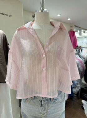 韩国直邮东大门代购正品2026夏季 barbara 柔美微透条纹短款衬衫