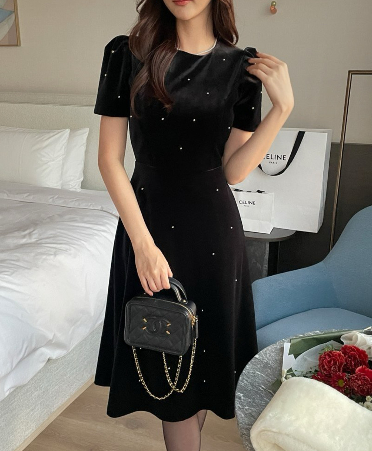 韩国直邮东大门正品代购2025秋冬新款 marant 珍珠丝绒长款连衣裙