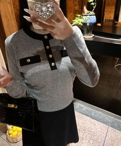 WANJIA晚嘉撞色圆领毛衣开衫外套女秋冬设计感复古气质羊毛针织衫