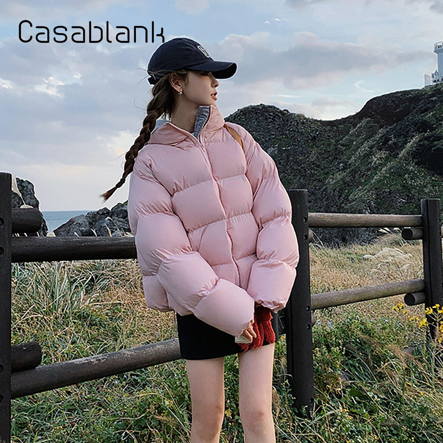 Casablank粉色短款立领羽绒服女2025新款学院风小个子减龄面包服