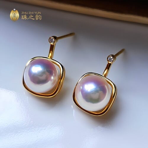 天女海水珍珠akoya18k金钻石耳钉