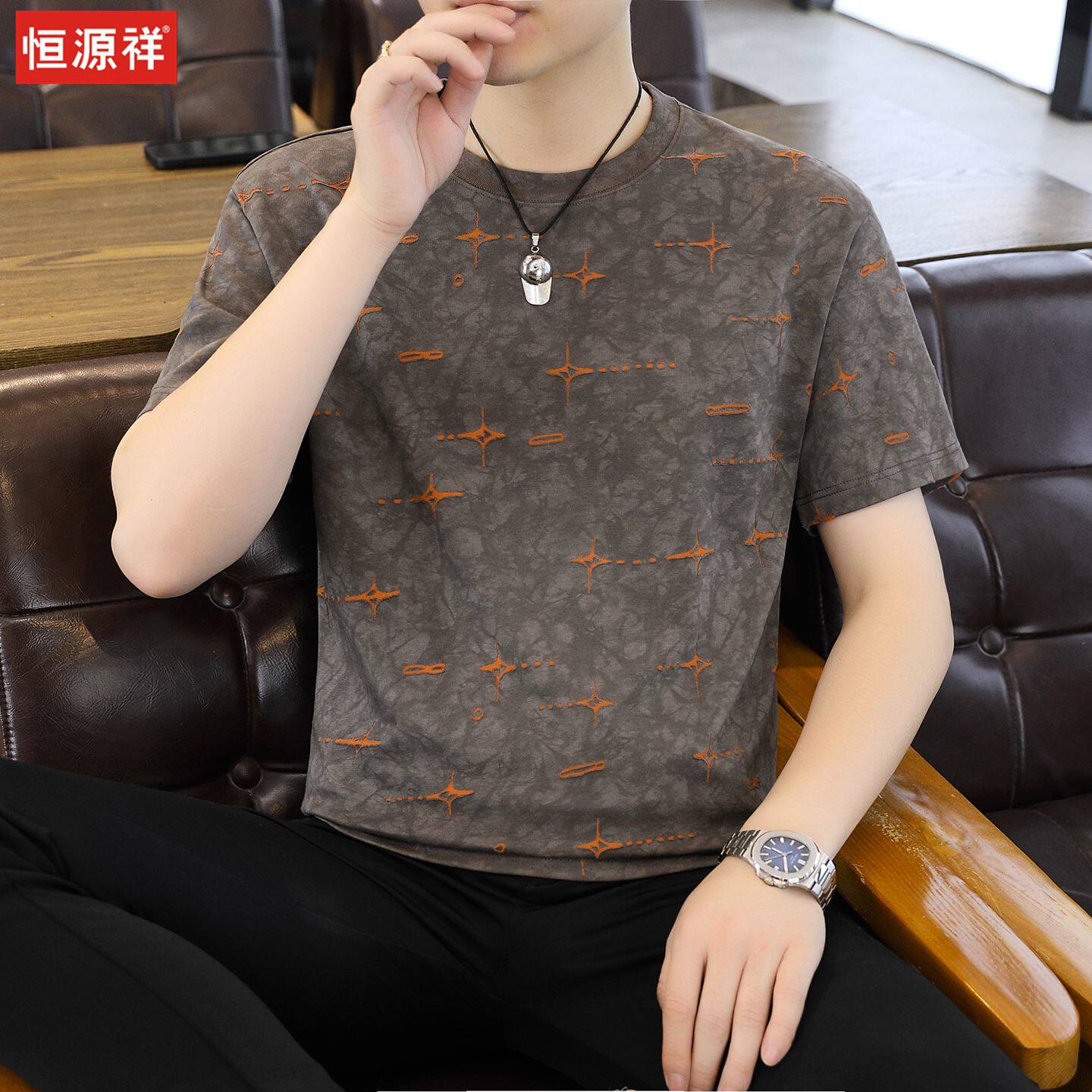恒源祥短袖T恤男士2026夏季新款潮流时尚圆领烧花棉质大码体恤衫图片