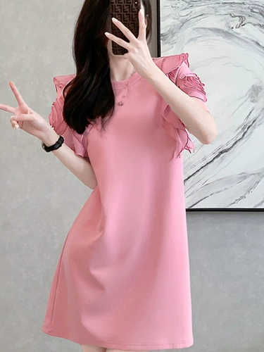 Дизайнерское летнее свободное платье для отдыха, юбка, розовое платье-футболка, тренд сезона, по фигуре, французский стиль