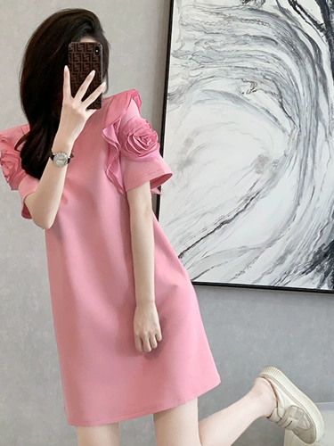 Дизайнерское летнее свободное платье для отдыха, юбка, розовое платье-футболка, тренд сезона, по фигуре, французский стиль