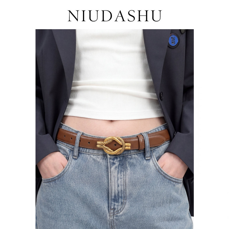 皮带女真皮装饰小众设计感时髦平滑扣韩版显瘦配牛仔裤腰带女咖潮