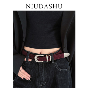 安可拉红色真皮腰带女简约百搭本命年绒面牛皮设计感显瘦皮带麂皮