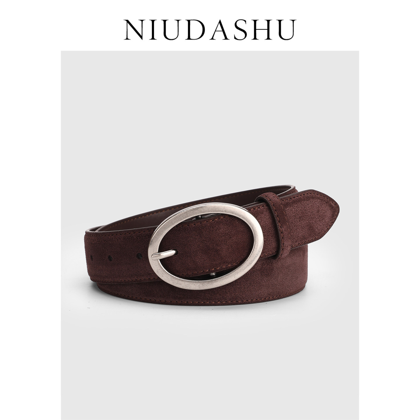 秋冬绒面女士真皮腰带女咖色椭圆扣头简约百搭显瘦牛皮带加宽腰封