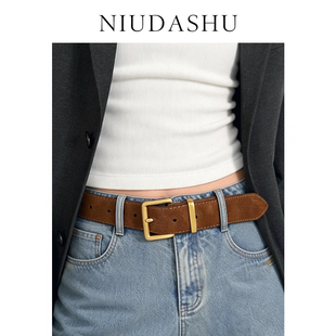 皮带女真皮装饰简约百搭小众设计感绒面春夏针扣配牛仔裤腰带女棕