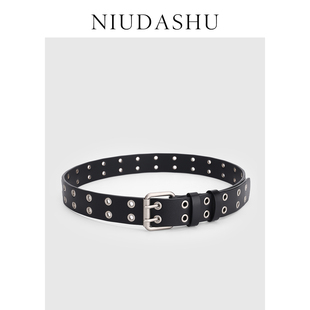 皮带女真皮装饰小众设计感免打孔镂空INS风配牛仔裤腰带男女款黑