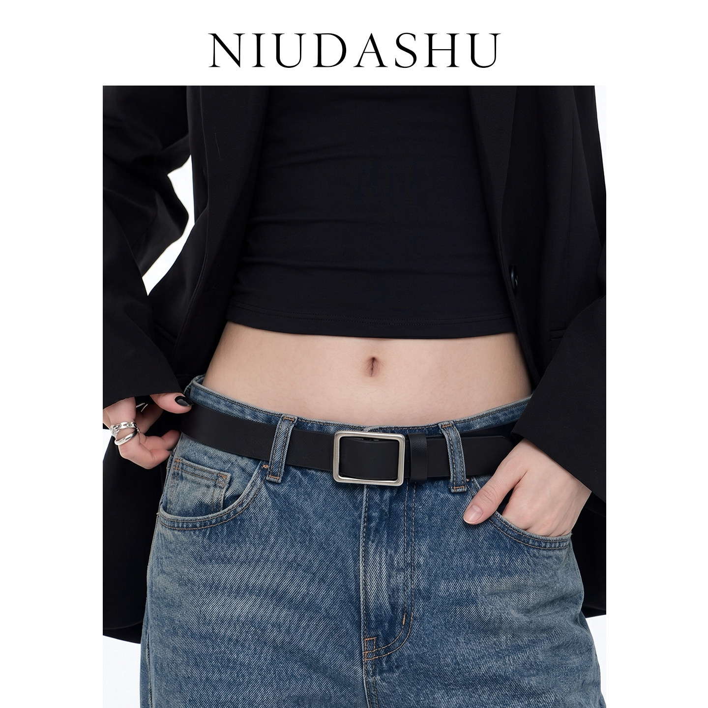 牛大叔NIUDASHU黑色皮带反折方扣设计感真皮腰带男女同款韩版简约
