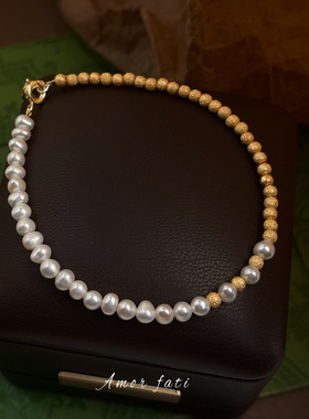 5A级高品质淡水珍珠手链时尚轻奢风磨砂圆珠手串百搭手饰镀18k金