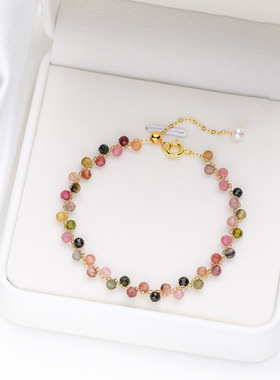 天然石彩色切面碧玺手链女手工编织可调节跨境爆款高级感饰品批发