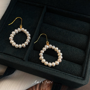 5A级淡水珍珠耳环几何环形天然珍珠耳钉轻奢高级感厚镀18K金耳饰