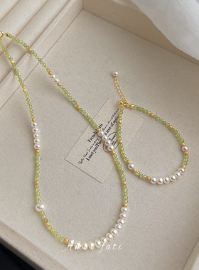 高品质强光淡水珍珠项链复古天然橄榄石锁骨链法式轻奢送闺蜜手饰