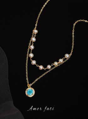 5A级淡水珍珠项链镀18k金法式优雅锆石锁骨链轻奢高级感双层颈链